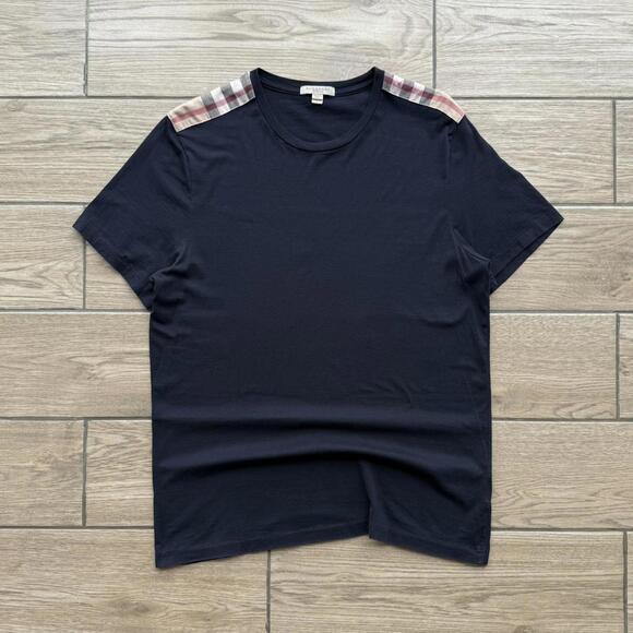 Burberry Somerton Logo Navy Plaid Shoulder T-Shirt - Picture 1 of 6